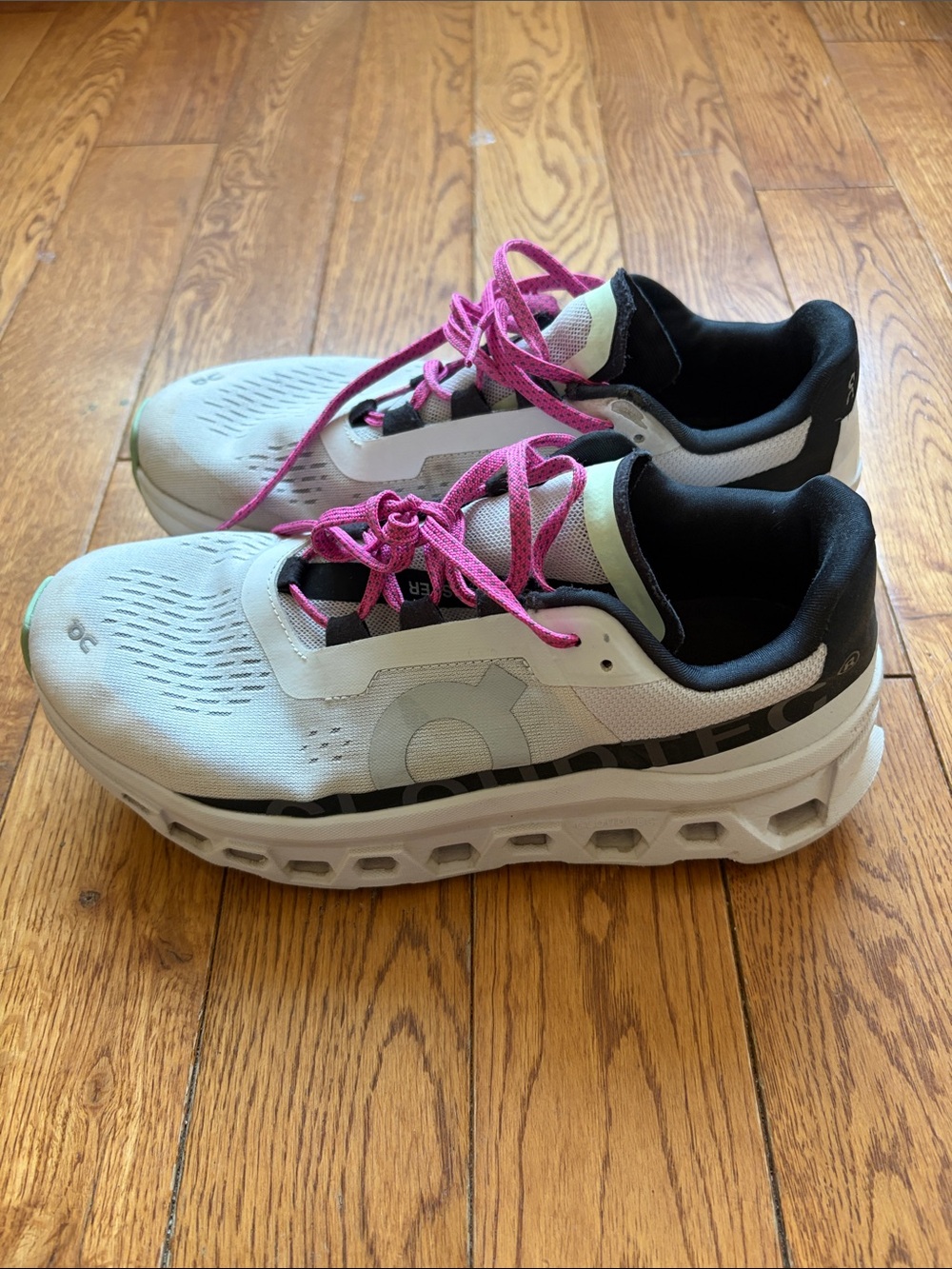 On Running Cloudmonster White Athletic Shoes with Pink Laces